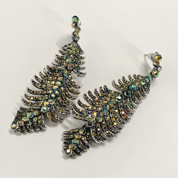 Silver Tone Articulated AB Blue Rhinestone Dangle Feather Earrings Pierced Long - Picture 5 of 9